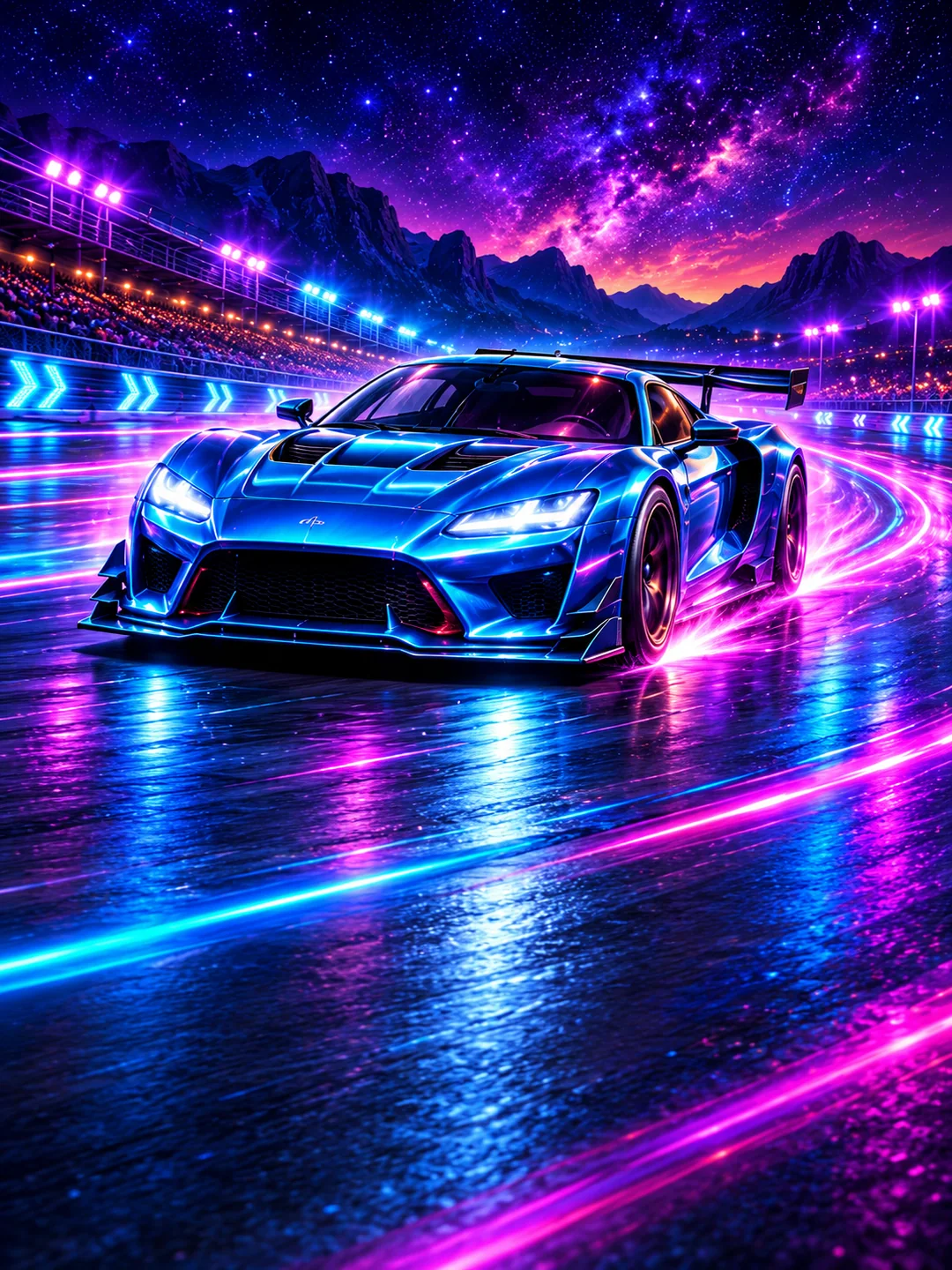 Ein blauer Sportwagen auf einer Rennstrecke voller türkiser und violetter Neonlichter.