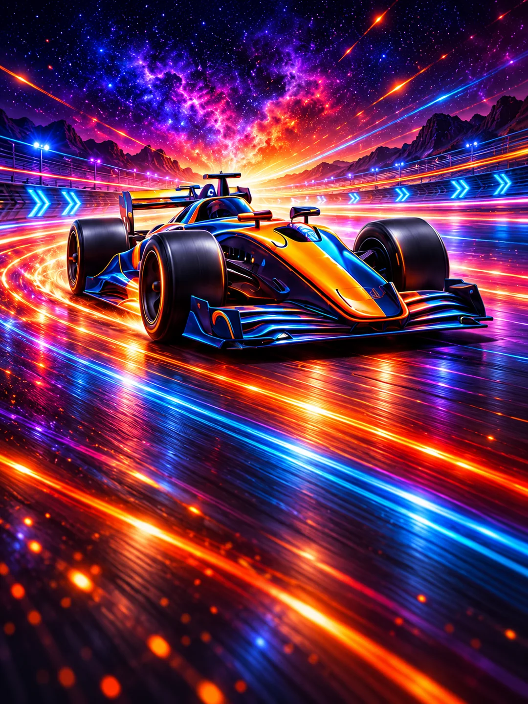 Ein orangeblauer Rennwagen zwischen leuchtenden Lichtspuren auf einer Rennstrecke.